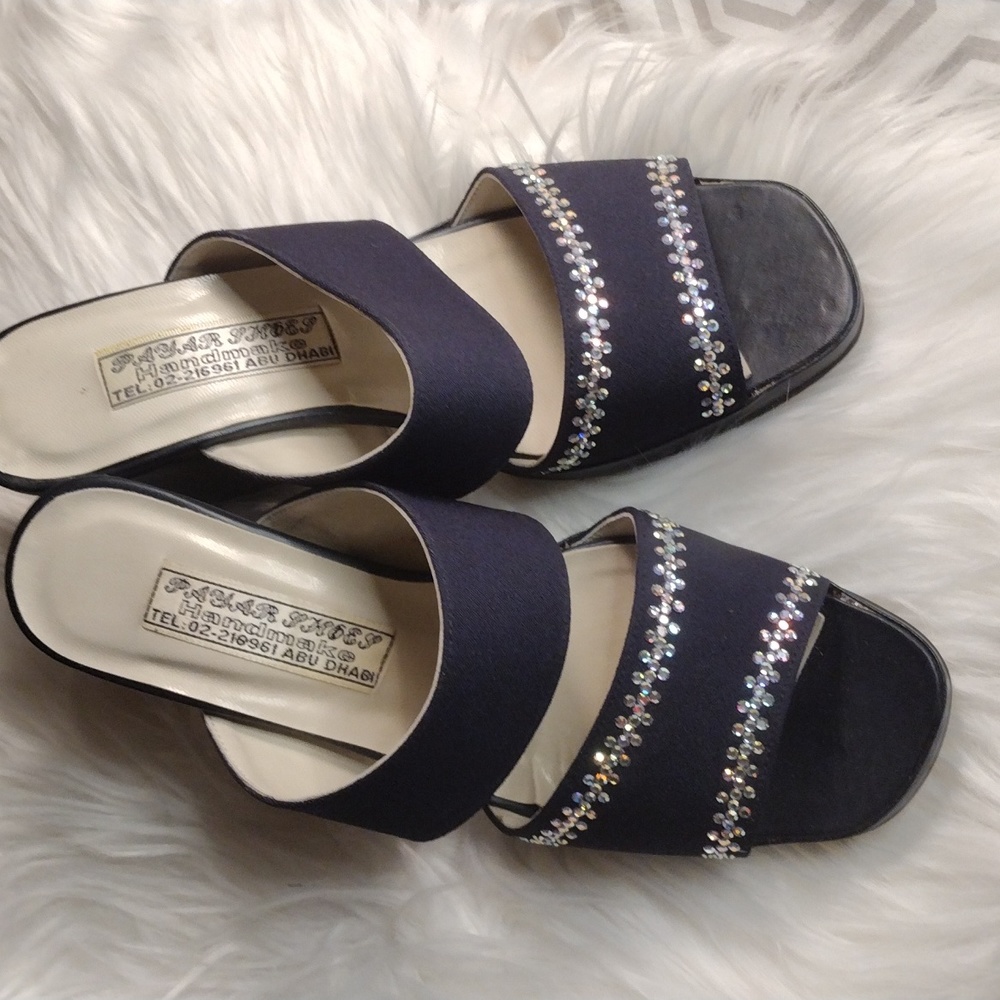 Dressy slip on block heeled sandals handmade in Abu Dhabi black with bling - Picture 7 of 9